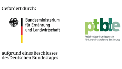 Logo: Gefördert durch Bundesministerium für Ernährung und Landwirtschaft und Logo von Projektträger Bundesanstalt für Landwirtschaft und Ernährung